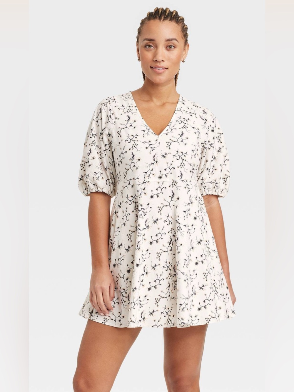 Women's Bell Elbow Sleeve Mini A-Line Dress - w/Pockets White Floral XL: Cotton